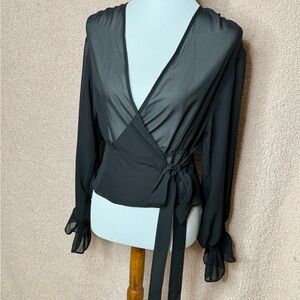 Mesh wrap long sleeve black blouse